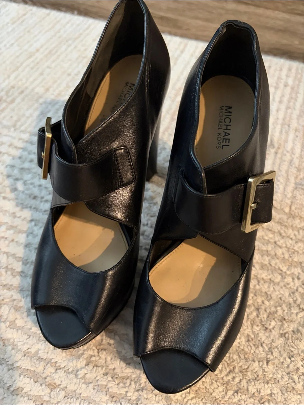 Michael Kors Black Peep-Toe Block Heel with Buckle